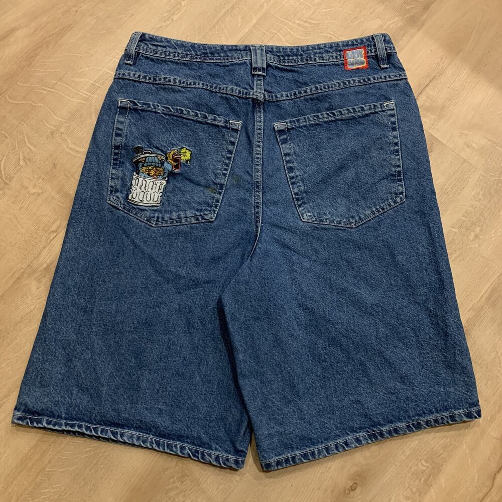 EMPYRE Denim Jean Shorts Jorts Mens 34 Embroidery Blue Baggy Y2K Wide Leg Skater